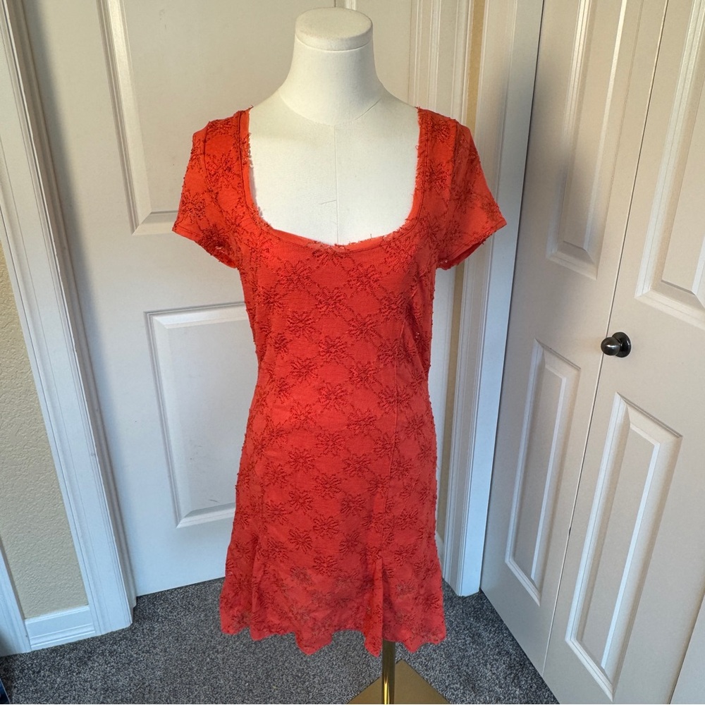 Free People Square Neck Flare Hem Sheath Dress Orange Floral Eyelet Size M